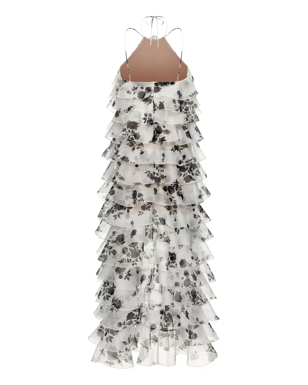 Dakota maxi, maxi dress made of ivory organza with a large floral print and a rose