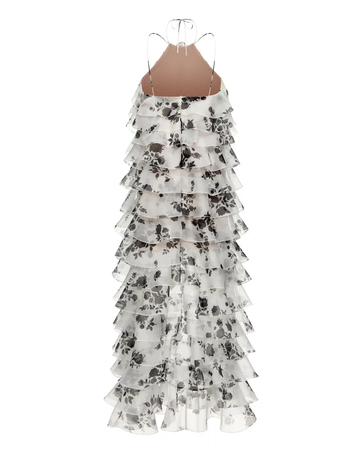 Dakota maxi, maxi dress made of ivory organza with a large floral print and a rose