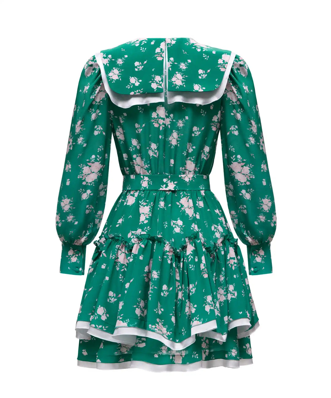 Austra, green crepe de chine mini dress with medium light pink flowers