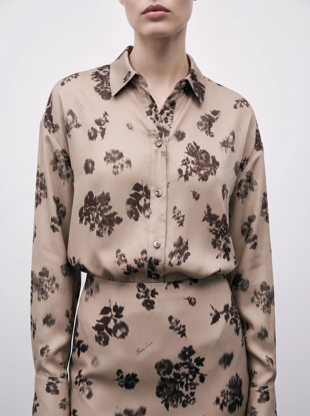 Harper, beige crepe de chine blouse with chocolate flowers