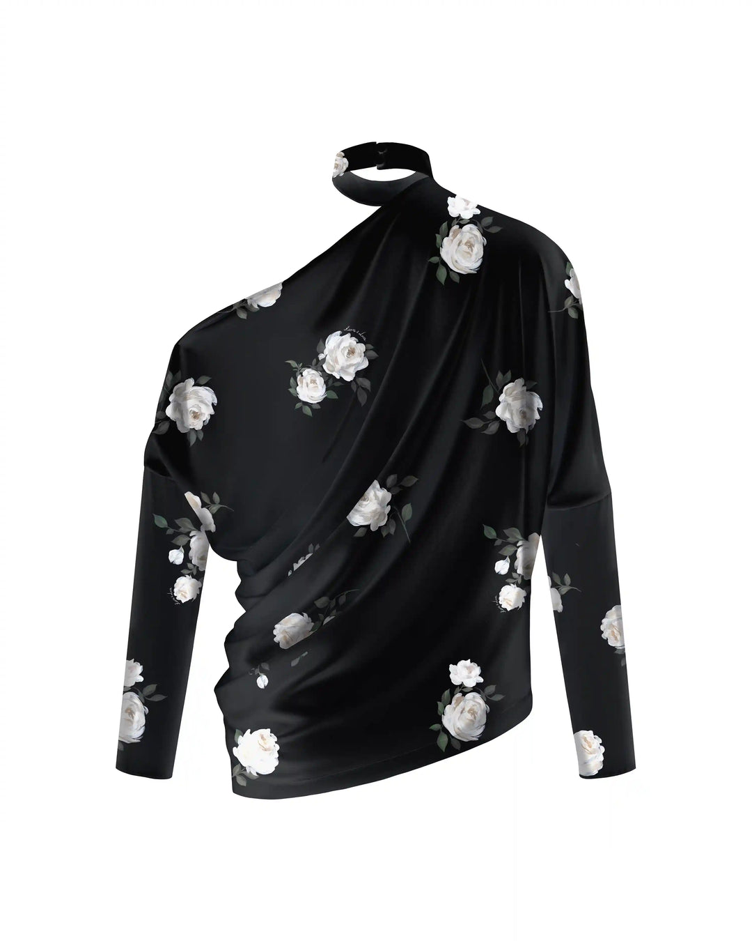 Anika top, top with long sleeves and a choker made of black crepe de chine with floral print