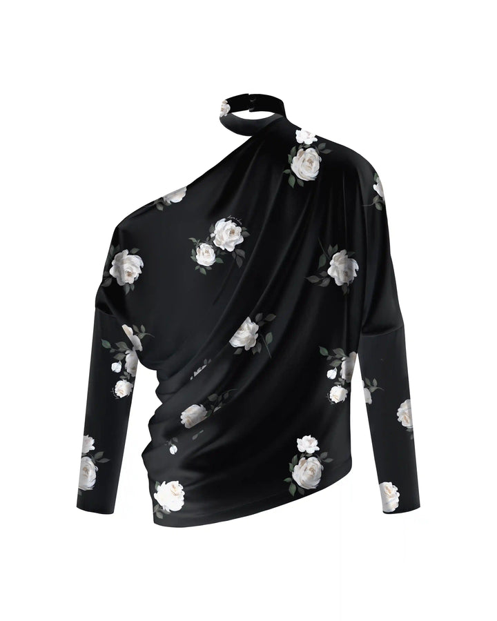 Anika top, top with long sleeves and a choker made of black crepe de chine with floral print