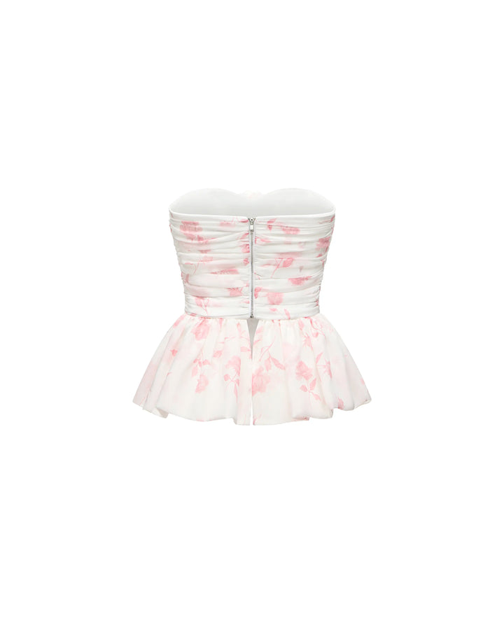 Rosalie, ivory chiffon corset top with medium light pink flowers