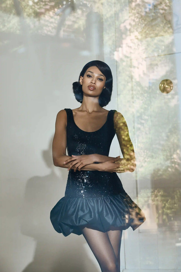 Lilian mini, mini dress with a black sequin bodice and a balloon skirt in black taffeta