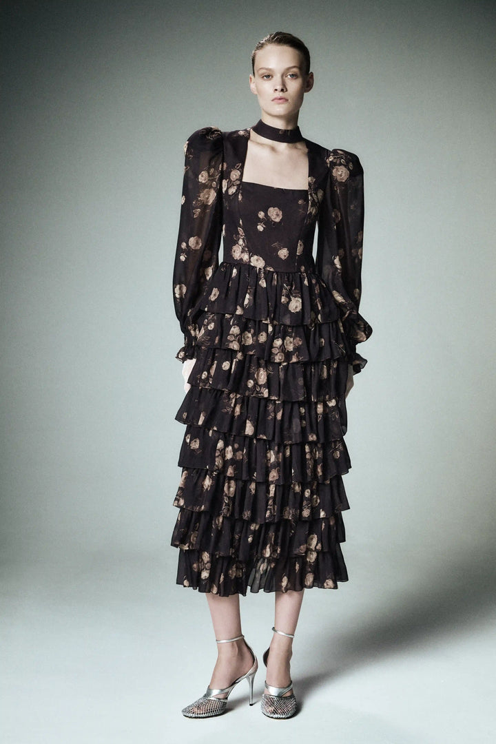 Valerie midi, midi dress made of chocolate chiffon with floral print