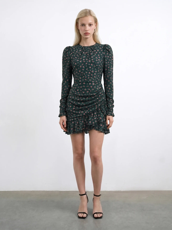 Charlotte mini, ivory crepe de chine mini dress with medium light pink flowers