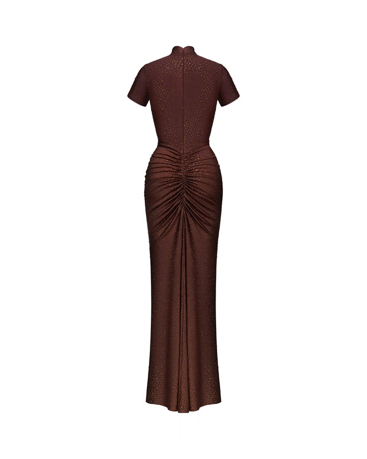 Amanda, chocolate biflex maxi dress embellished with rhinestones