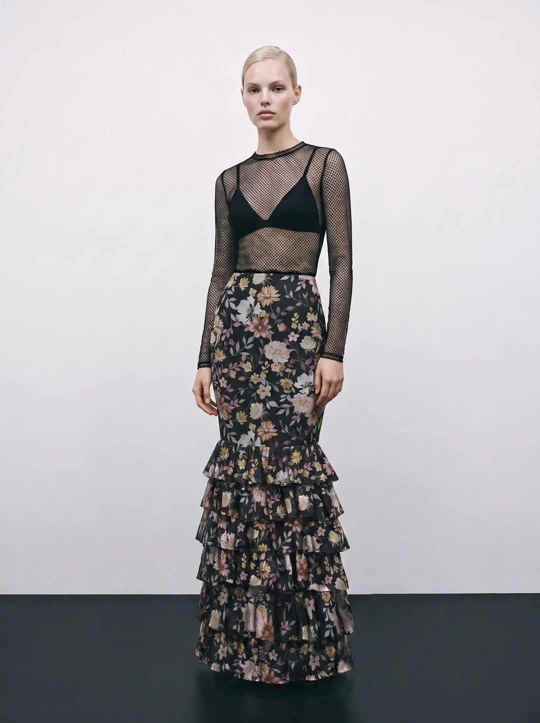 Ru, black chiffon midi skirt with multicolor floral print and lace trim