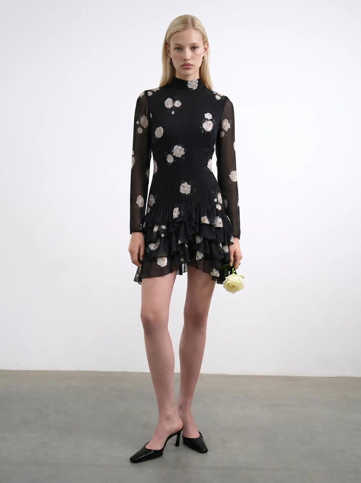 Stella mini, mini dress in black chiffon with a floral print