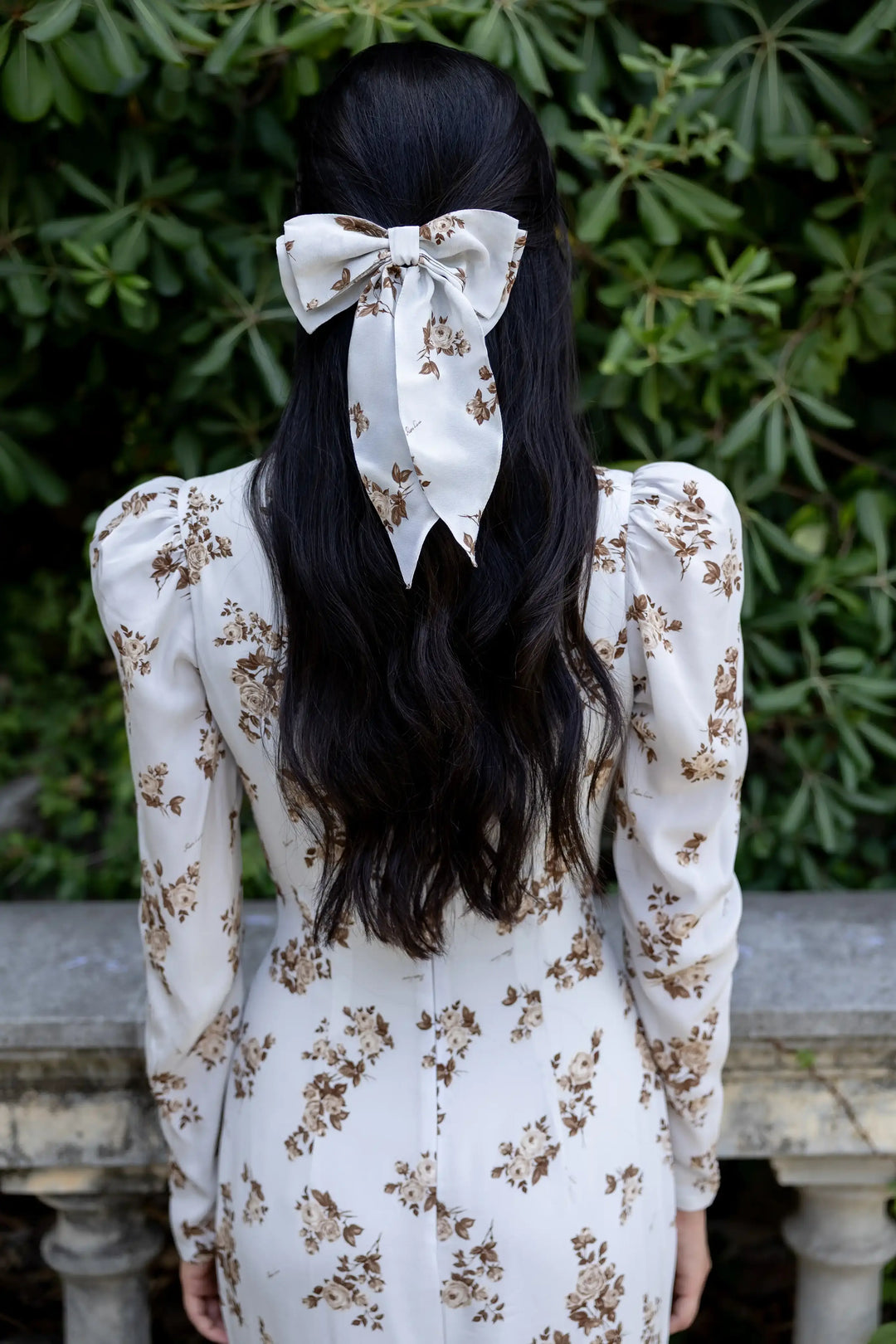 Mireya, milky crepe de chine bow hair clip with brown flowers