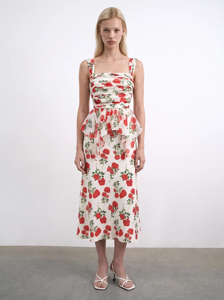Kerry, ivory crepe de chine midi skirt with medium red roses