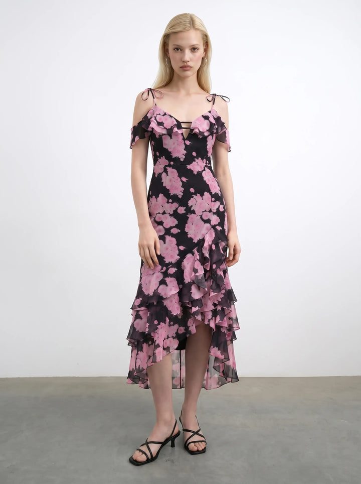 Monika midi, black chiffon midi dress with large pink flowers