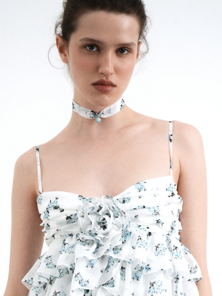 Arin, milky chiffon choker with a floral print and pendant detail