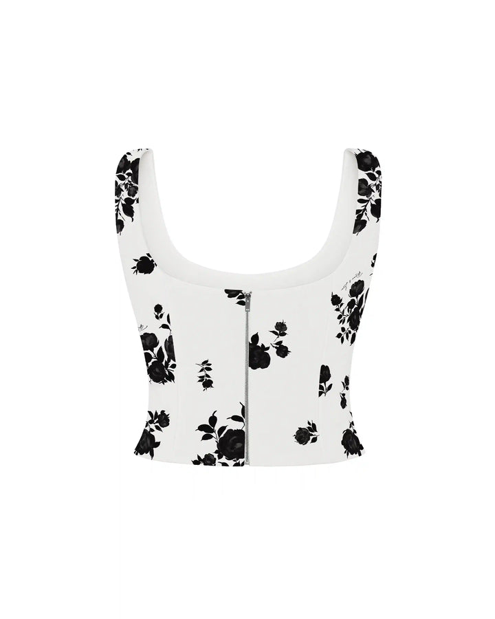 Lee top, corset top with straps made of ivory crepe de chine with floral print