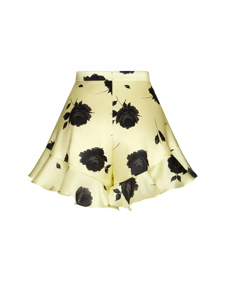 Audrie, mini shorts with ruffles made of yellow satin with gray flowers