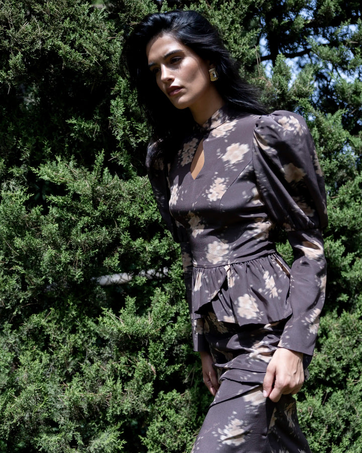Gia, chocolate crepe de chine blouse with beige flowers