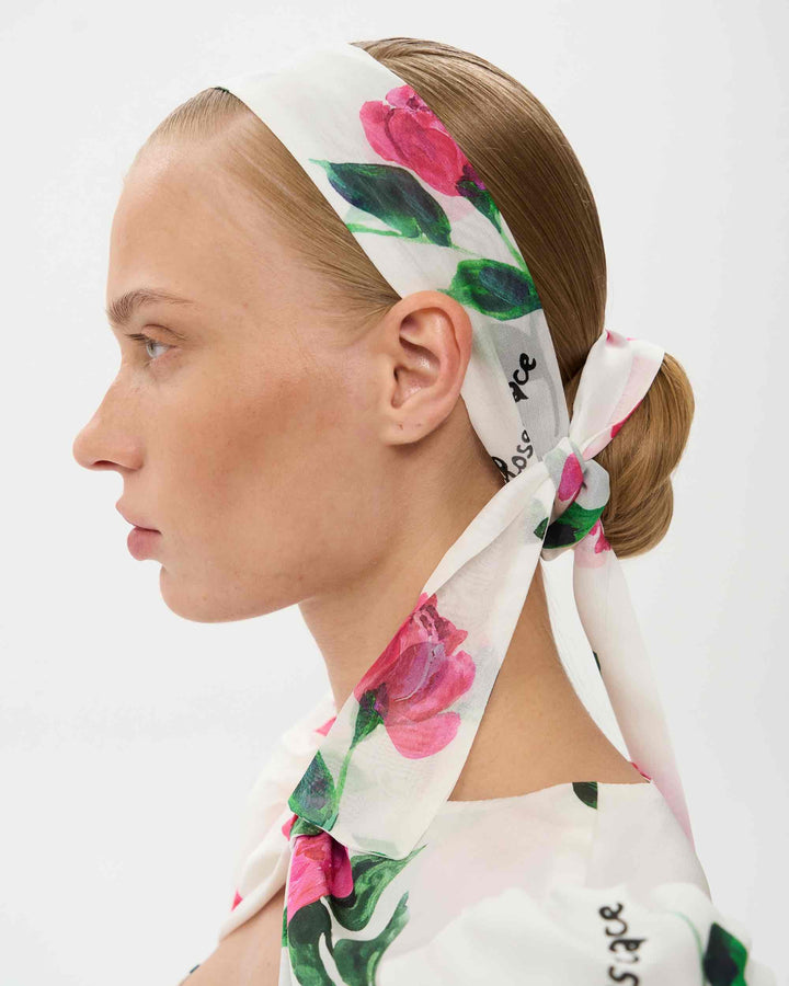 Luana, neck bow milky with crimson rose print