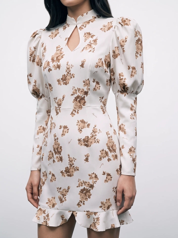 Giannetta mini, milky crepe de chine mini dress with brown flowers