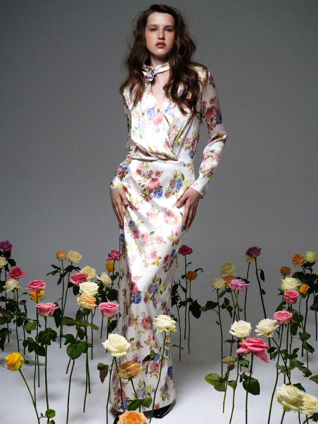 Jasmine maxi, milky satin maxi dress with a floral print