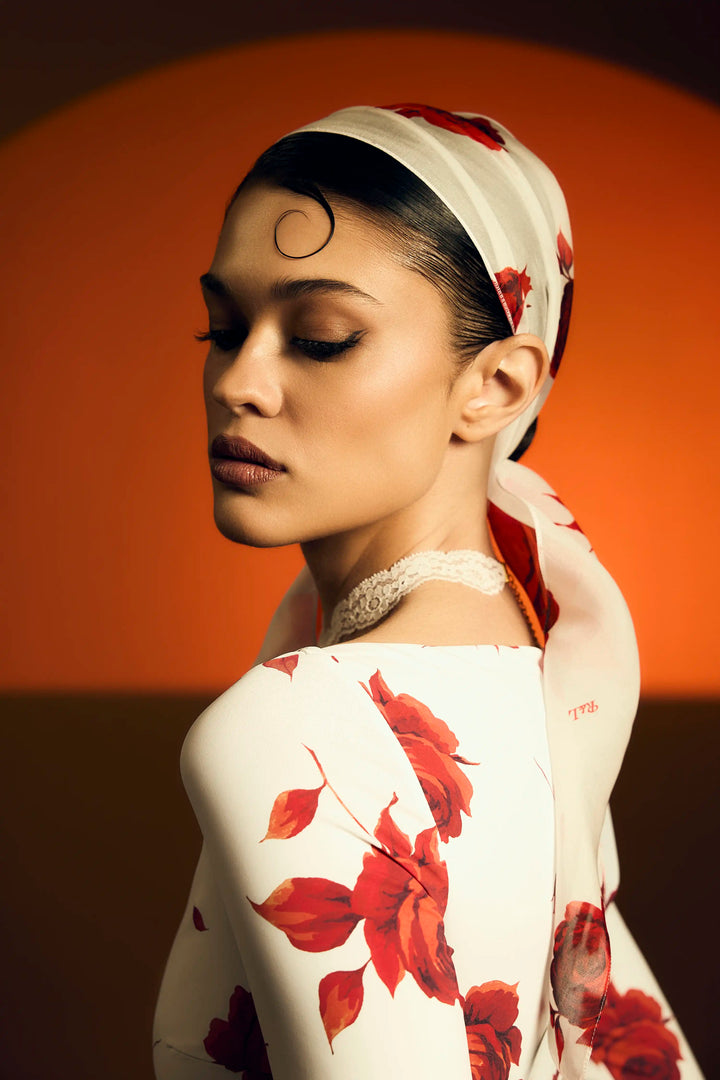 Aisha, milky chiffon ribbon with a floral print