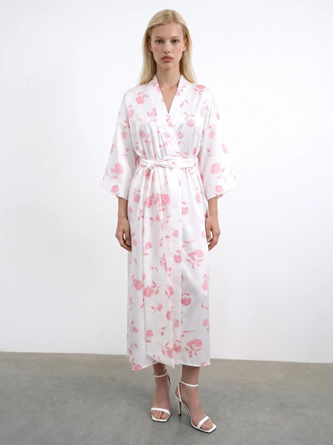Sen midi, ivory satin wrap dress with medium light pink flowers