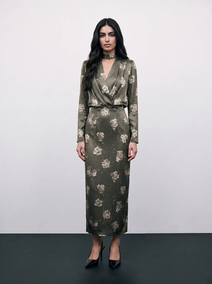 Jasmine midi, khaki satin midi dress with ivory flowers