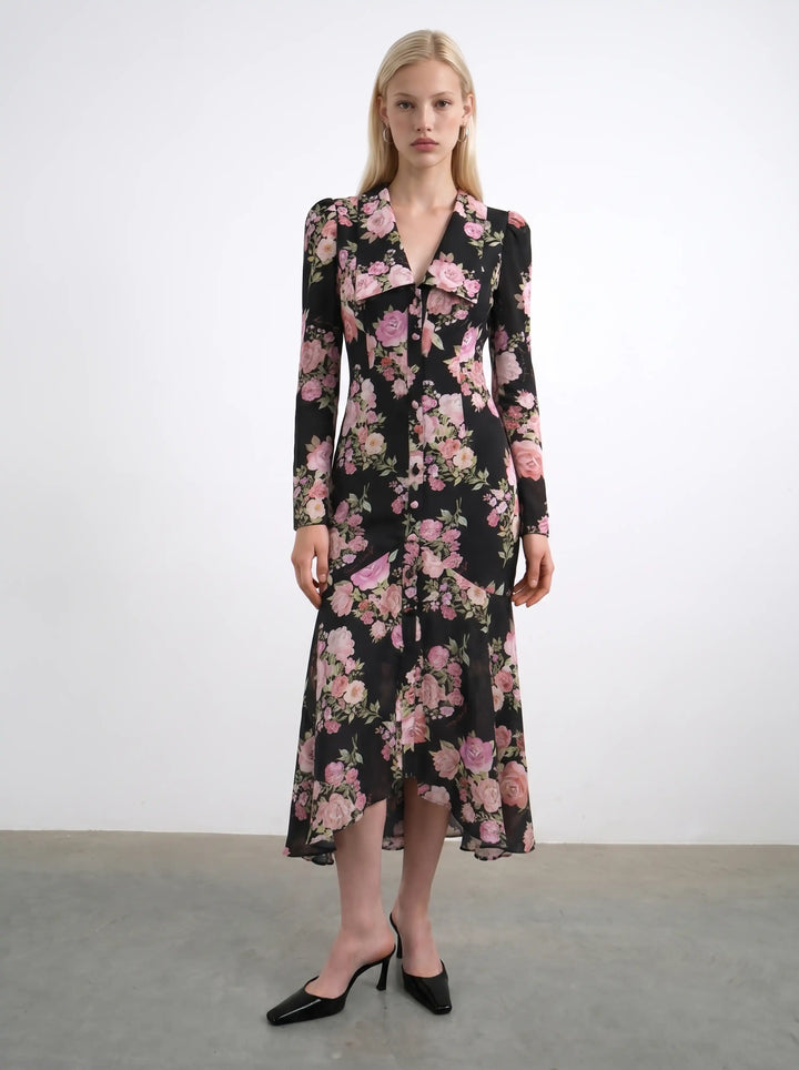 Audrice, midi dress in black crepe de chine with medium pink flowers