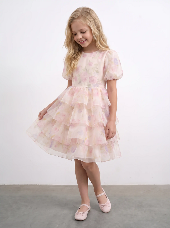 Fifi, ivory organza children's dress with large multicolor floral print