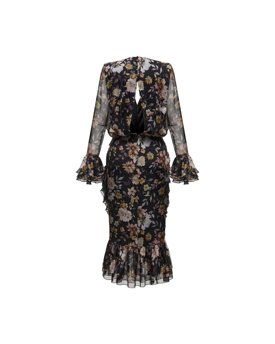 Mira midi, black chiffon midi dress with multicolor floral print