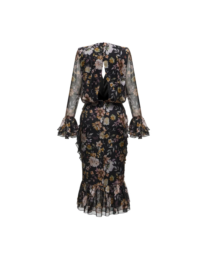 Mira midi, black chiffon midi dress with multicolor floral print