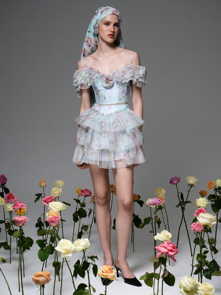 May, blue organza top with a floral print