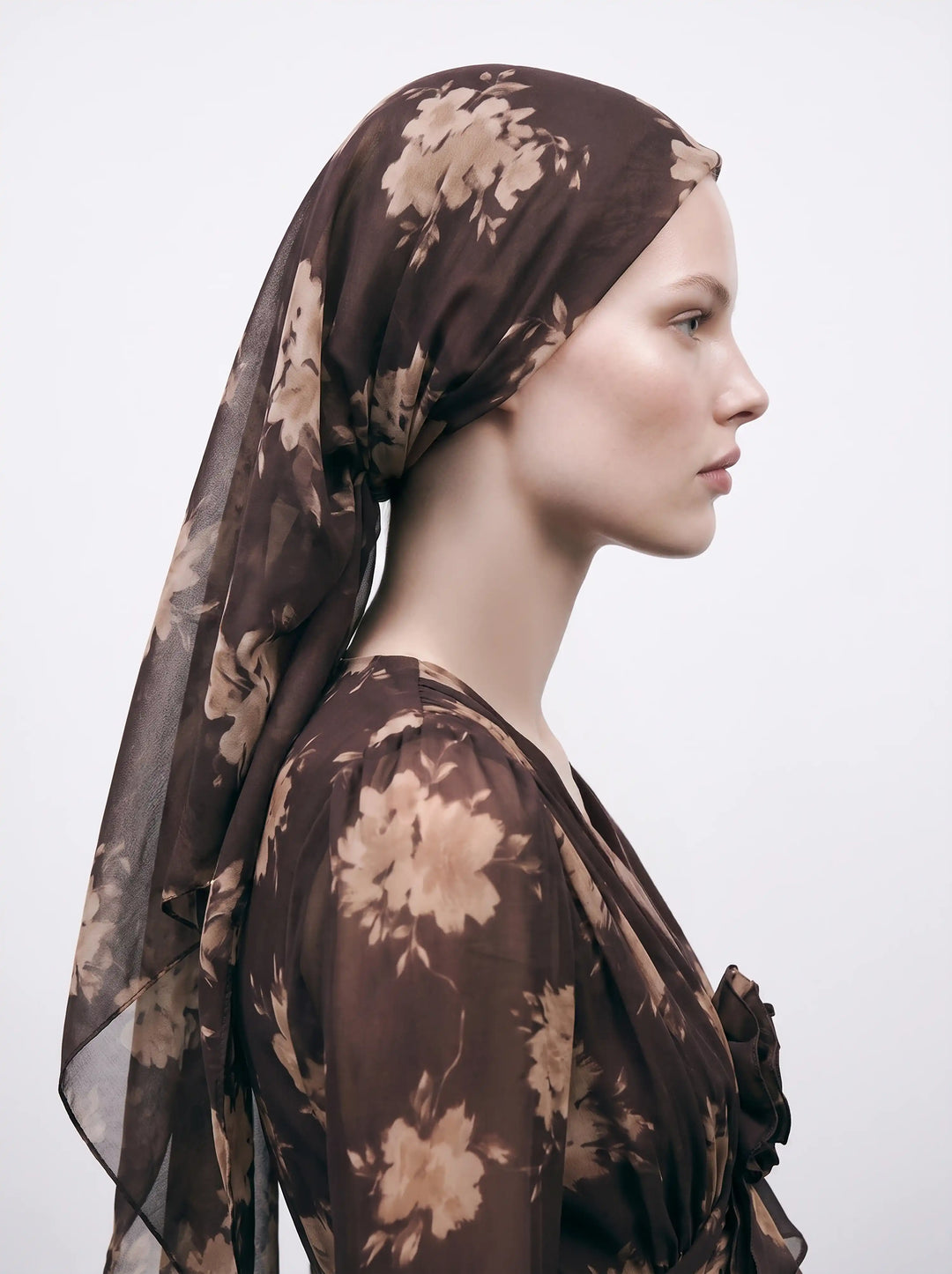 Leticia, beige chiffon headscarf with chocolate flowers