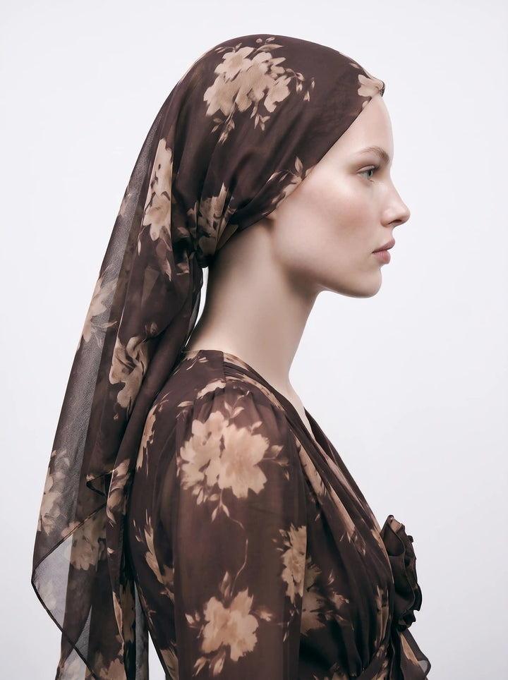 Leticia, beige chiffon headscarf with chocolate flowers