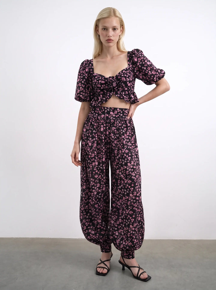 Evie, black batiste pants with small light pink flowers