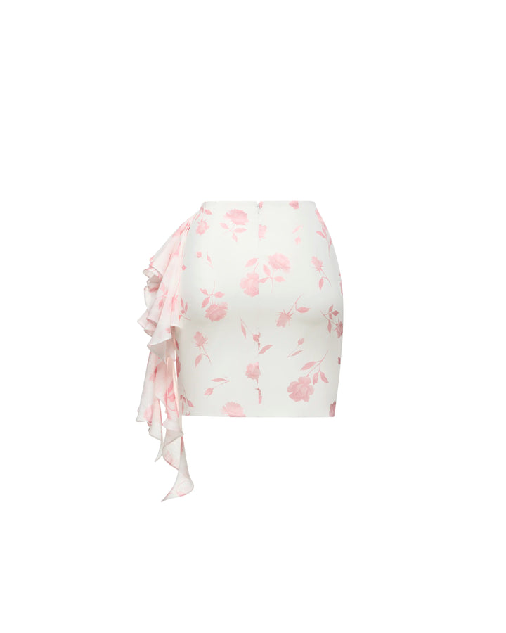 Loreen, mini skirt made of ivory chiffon with light pink flowers