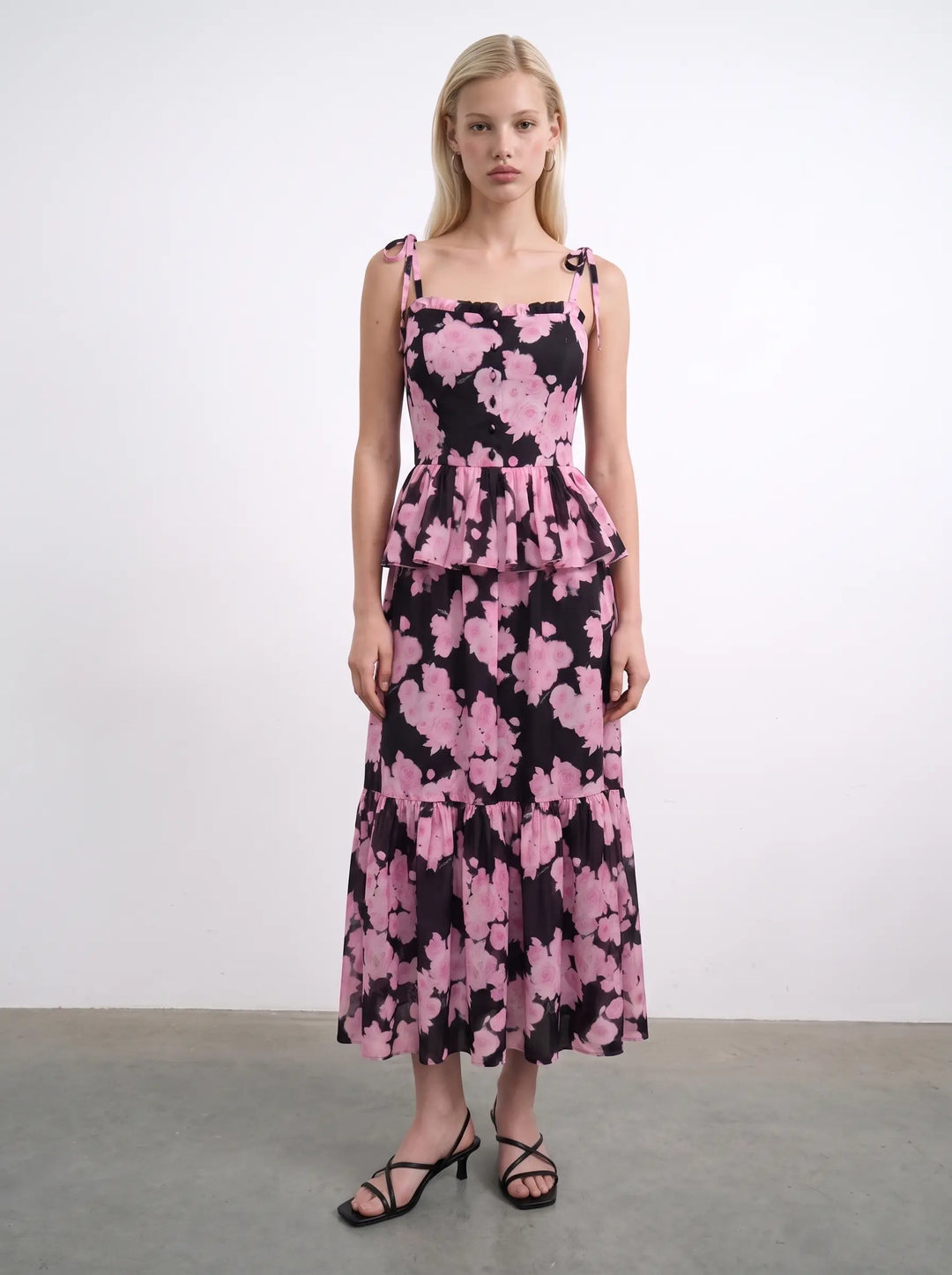 Perla midi, black crepe de chine dress with medium pink flowers
