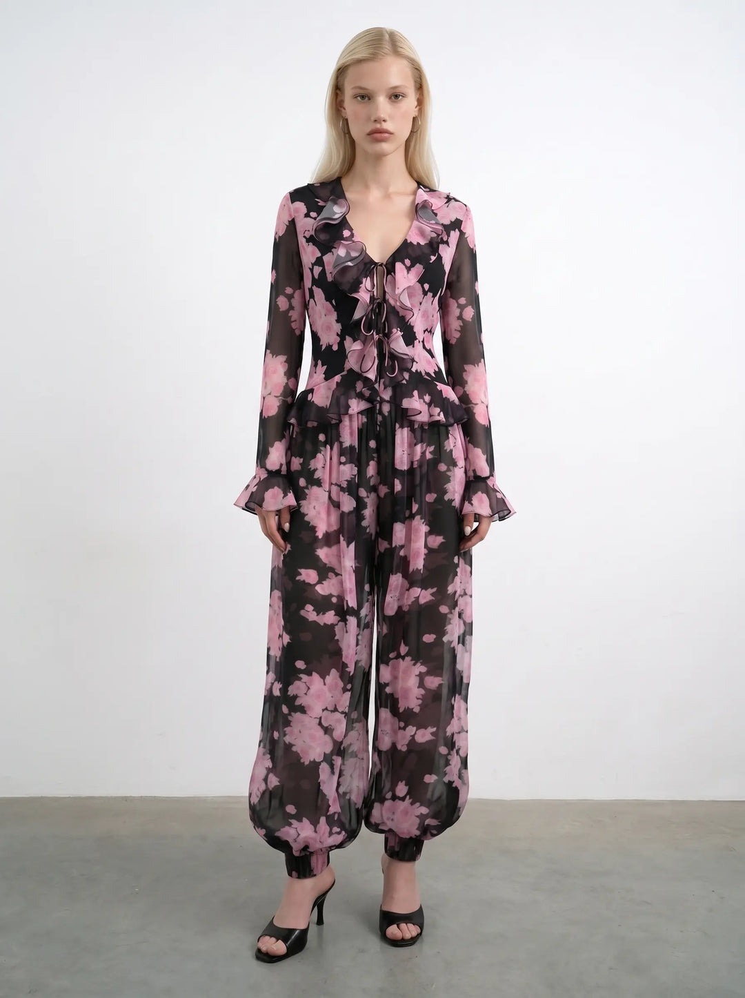 Evie, black chiffon harem pants with large pink flowers