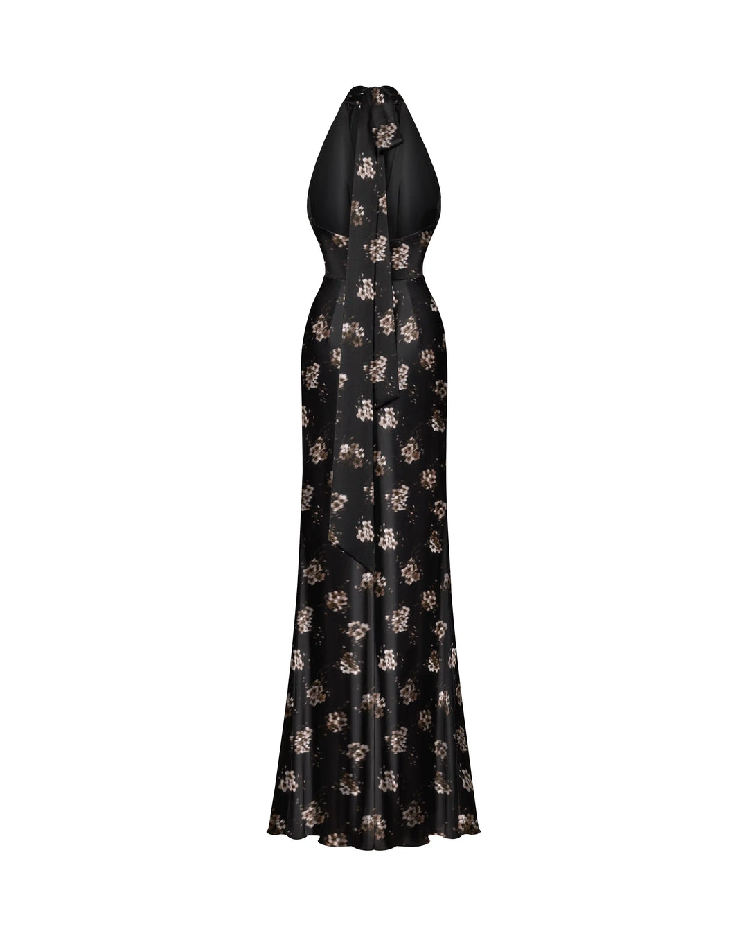 Alia maxi, a black satin maxi dress with a medium-scale floral print