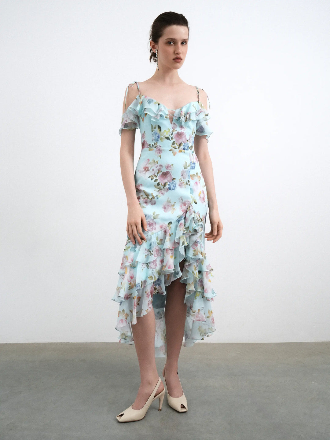 Monika midi, blue chiffon midi dress with a floral print – ROSES LACE