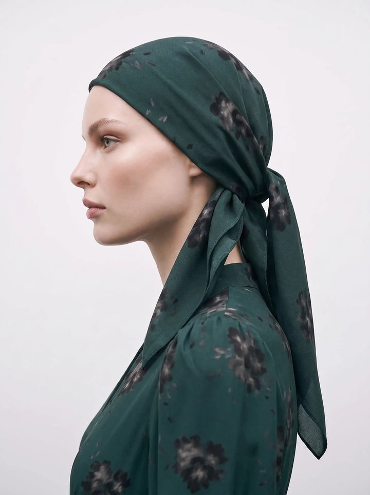 Leticia, emerald crepe de chine headscarf with black flowers