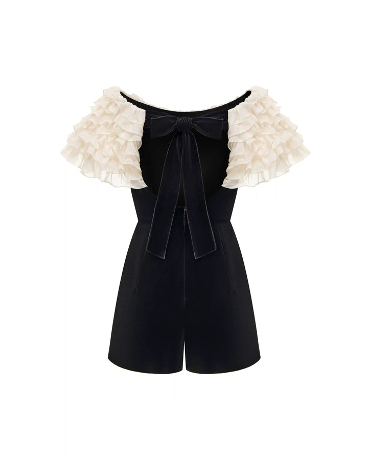 Abby, velvet jumpsuit with chiffon ruffles