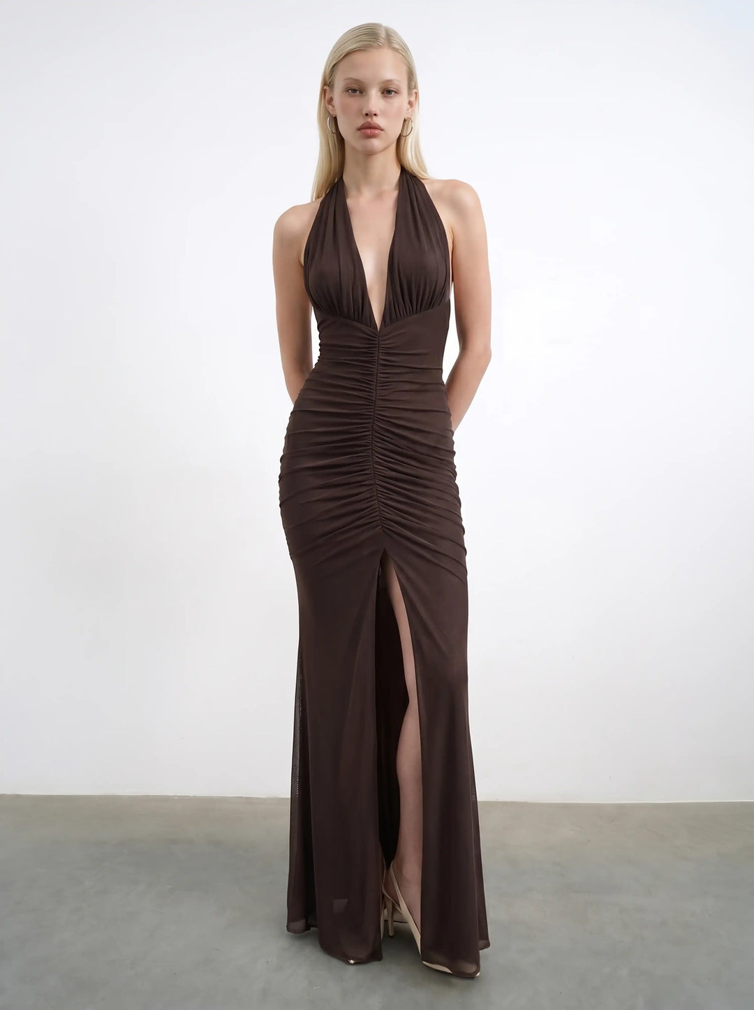Luna maxi, maxi dress in chocolate mesh