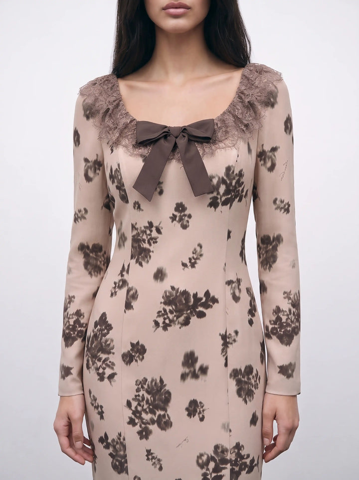Uma midi, beige crepe de chine midi dress with chocolate flowers