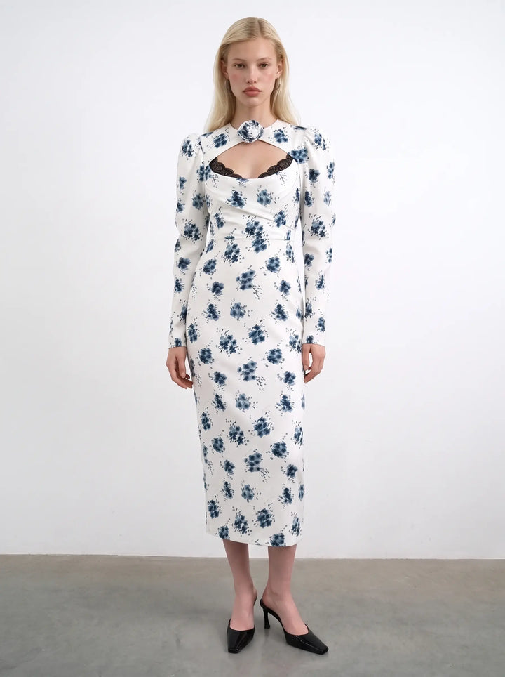 Macel midi, milky crepe de chine midi dress with floral print