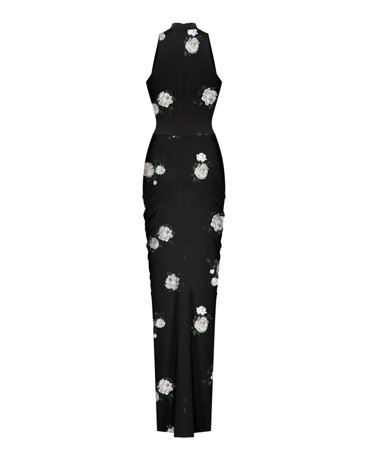Ivy, maxi dress made of black biflex with floral print