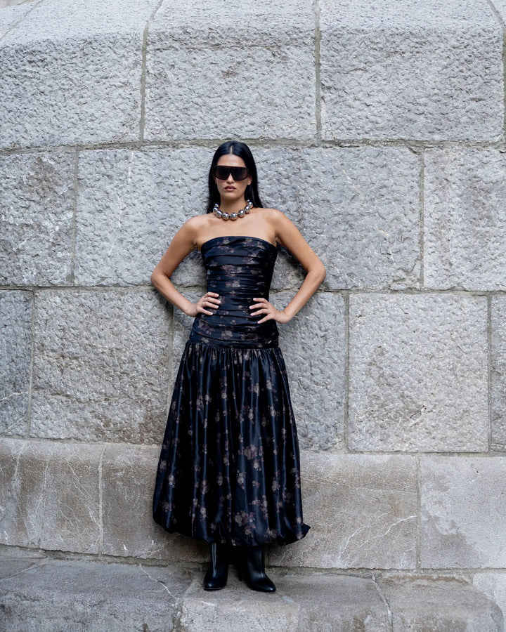 Taylor midi, black taffeta midi dress with brown flowers