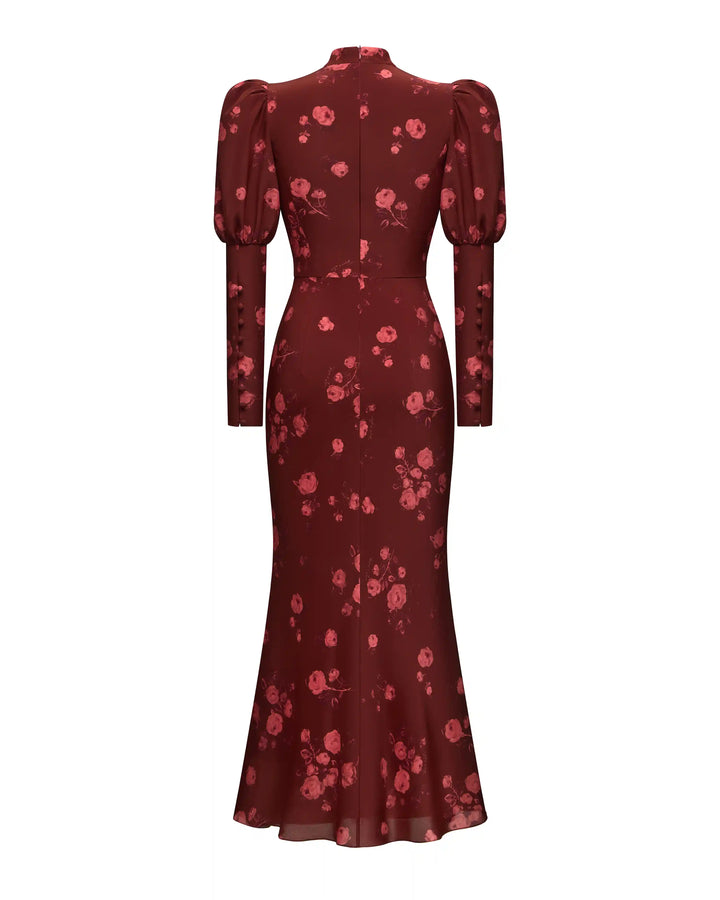 Giannetta Midi, midi dress made of burgundy crepe de chine with a floral print