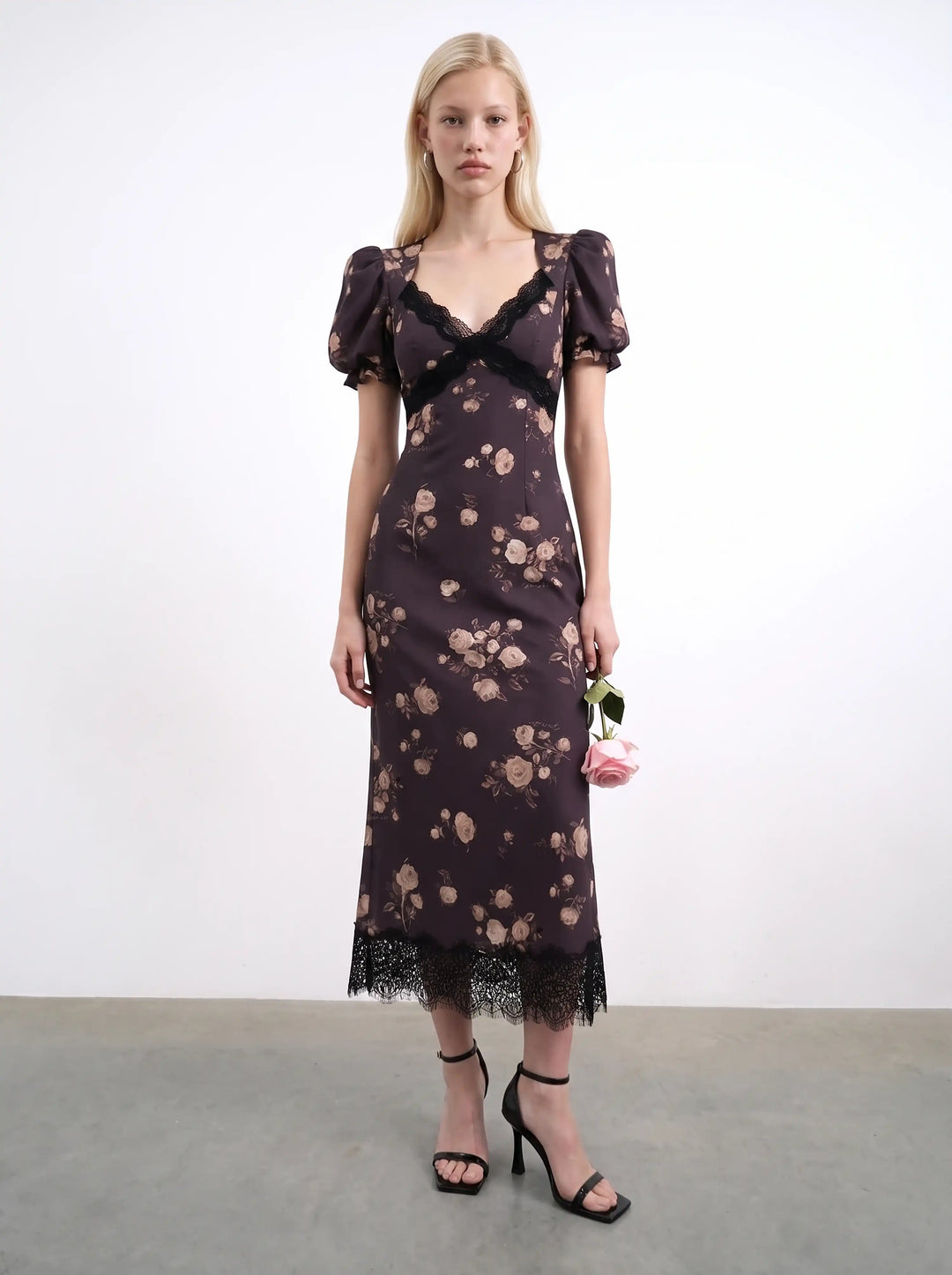 Penny midi, chocolate crepe de chine midi dress with medium beige flowers