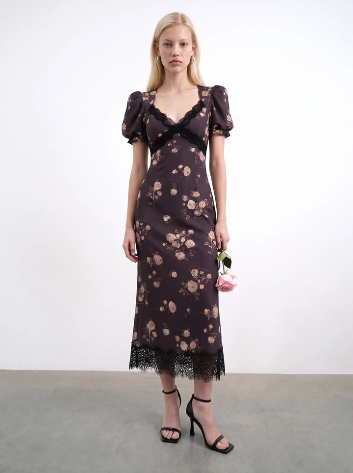 Penny midi, chocolate crepe de chine midi dress with medium beige flowers