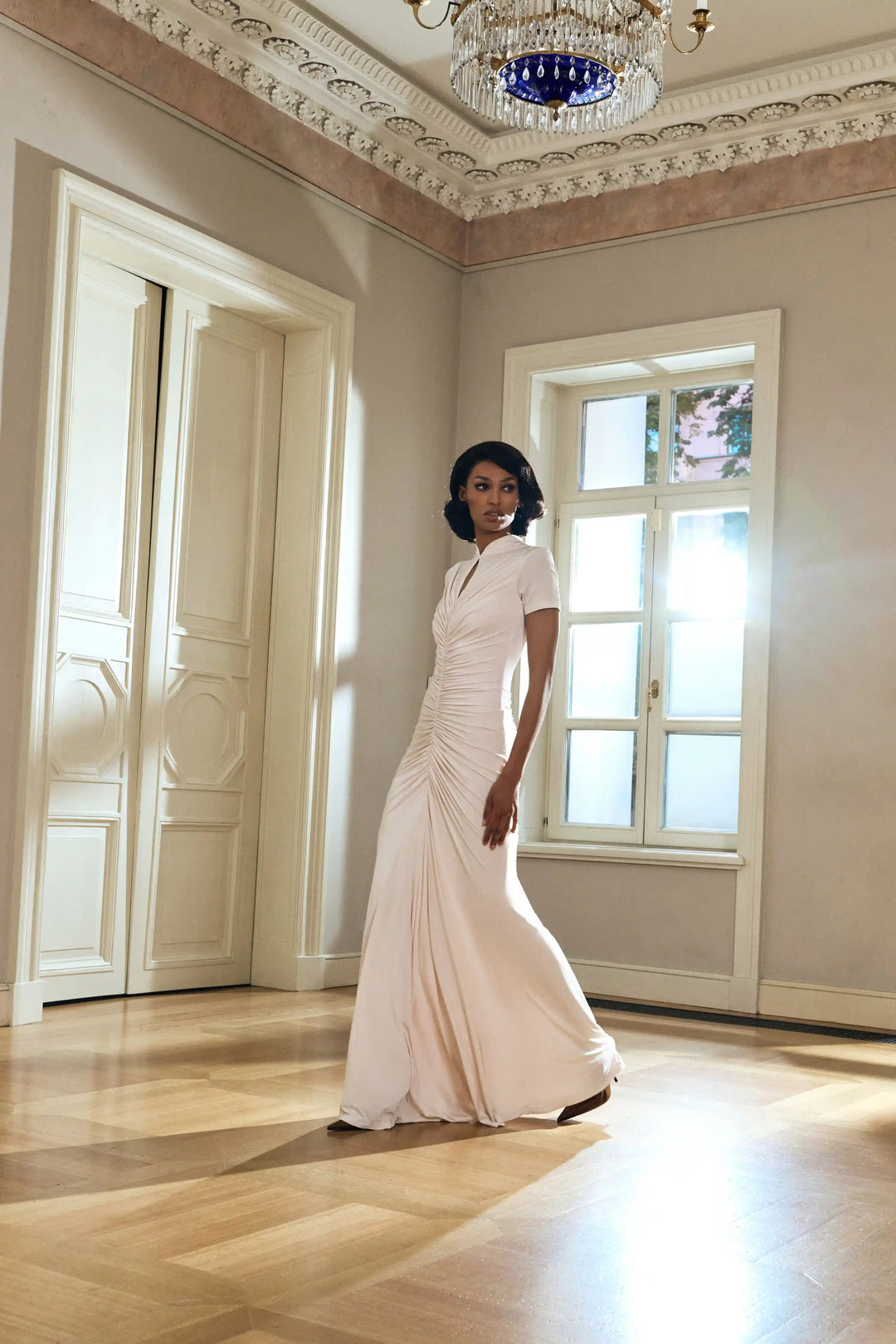 Amanda maxi, draped maxi dress made of ivory biflex